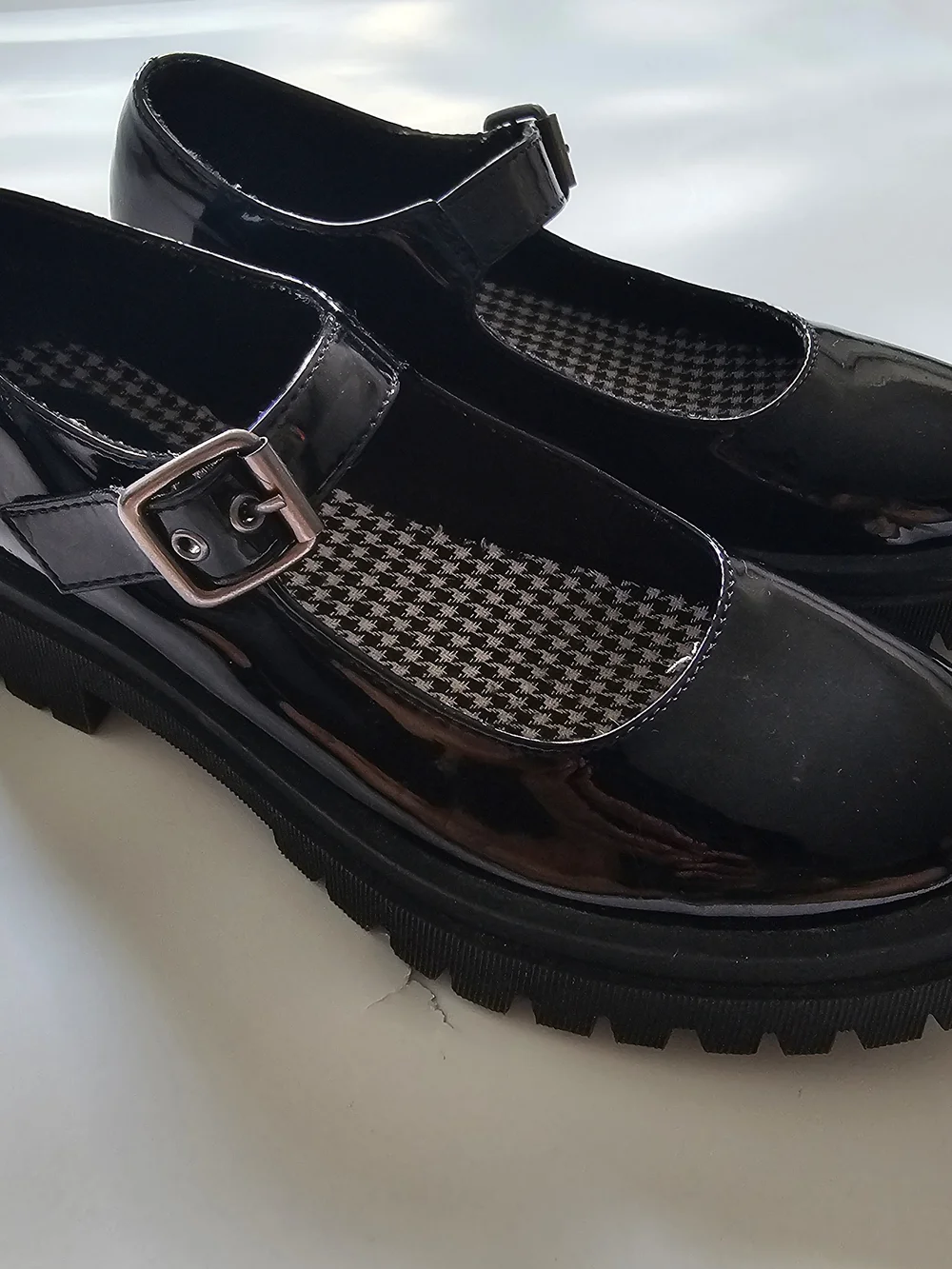 Seychelles Black Patent Mary Jane Platform Shoes with Houndstooth Lining